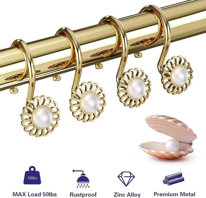 iToplin Gold Shower Curtain Hooks Rings, Decorative Shower Curtain Hangers, Heavy Duty Metal Shower Rings, Sunflower Shower Hooks for Shower Curtain Rod and Liner, Bathroom Curtain Hooks, Luxury Gold, - Image 3